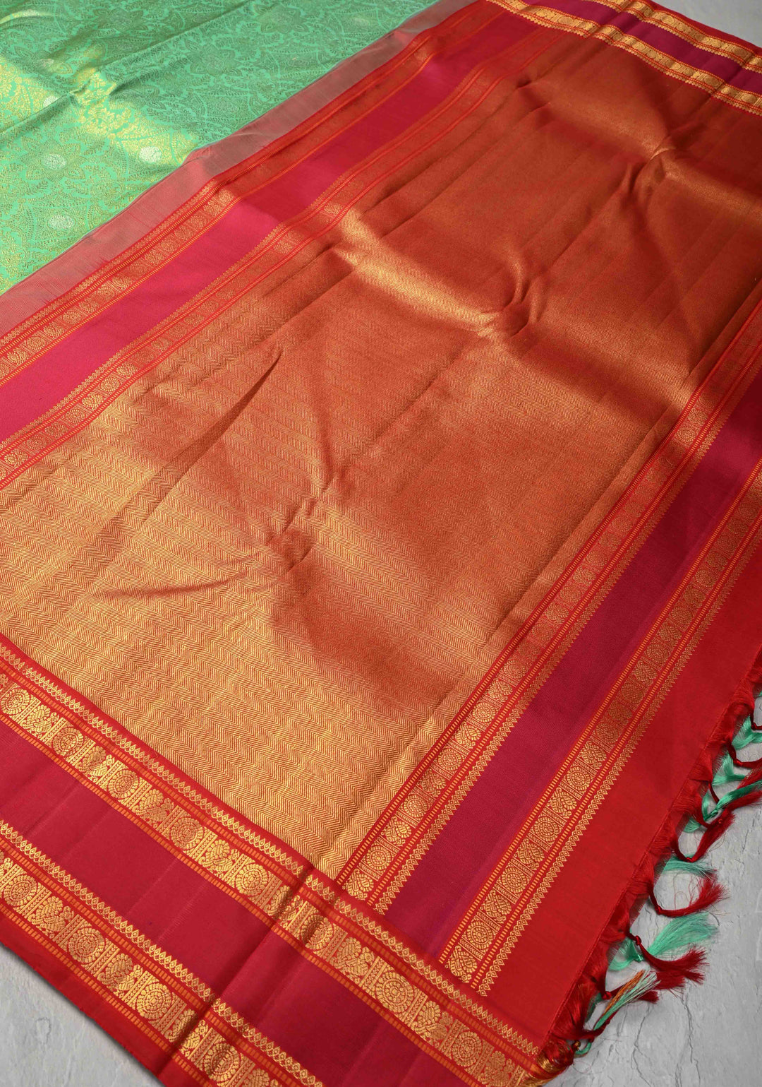 Korvai Meenakari Brocade Pista Green Kanjivaram Pure Silk Saree with Gold Silver Zari Brocade and Contrast Zari Border | SILK MARK CERTIFIED