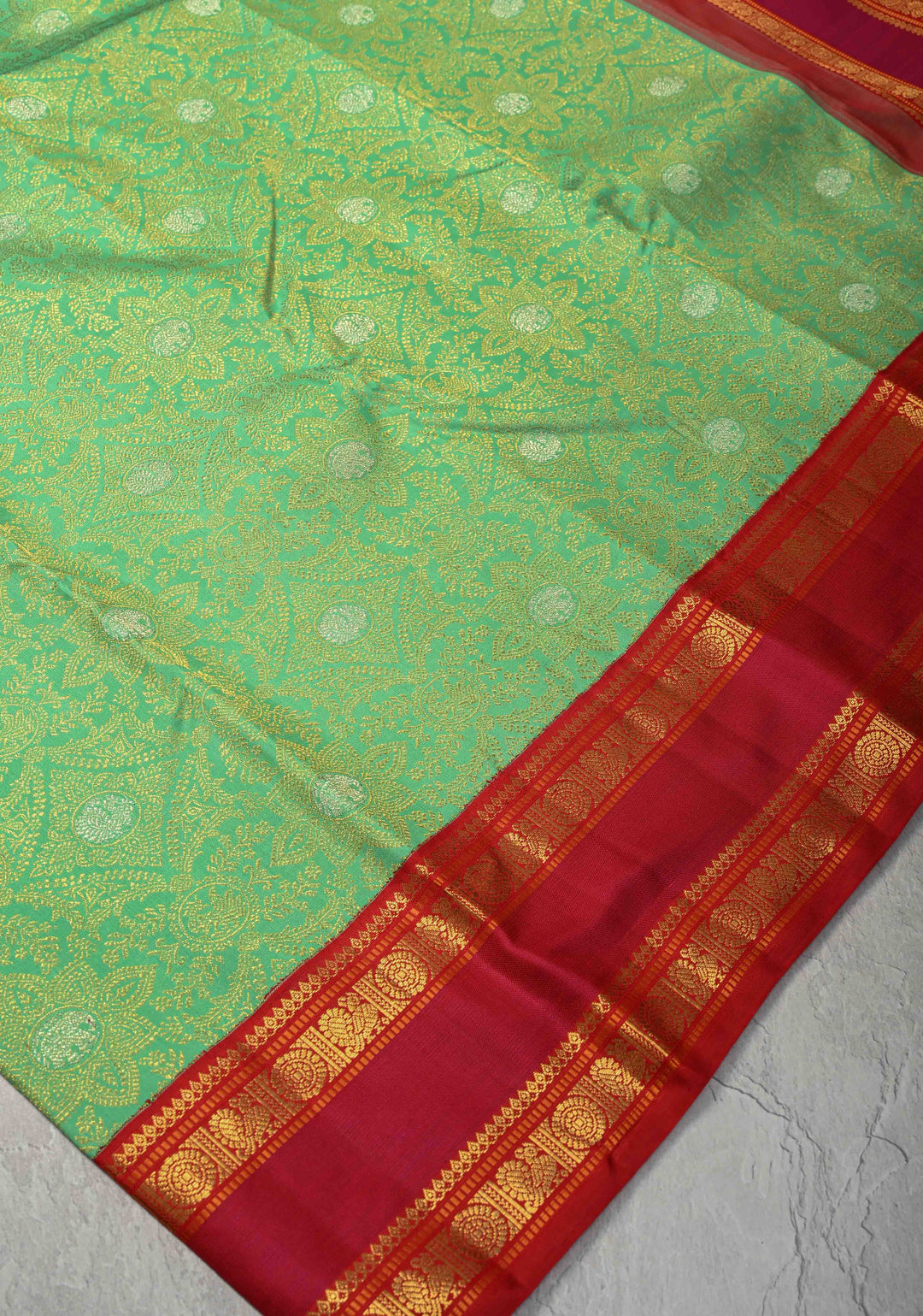 Korvai Meenakari Brocade Pista Green Kanjivaram Pure Silk Saree with Gold Silver Zari Brocade and Contrast Zari Border | SILK MARK CERTIFIED