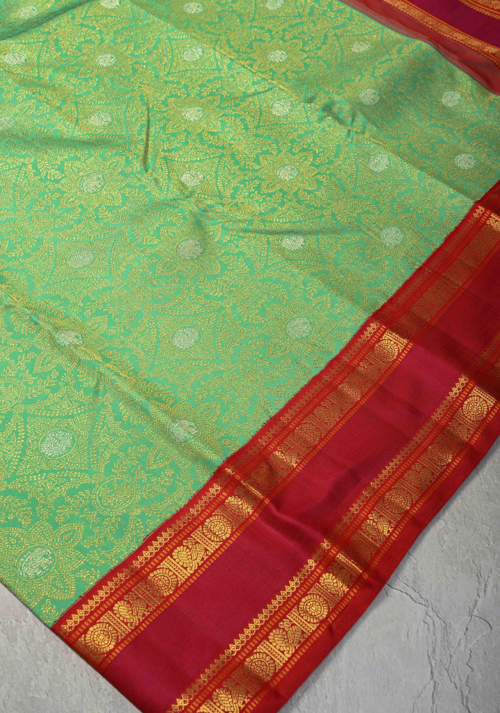 Korvai Meenakari Brocade Pista Green Kanjivaram Pure Silk Saree with Gold Silver Zari Brocade and Contrast Zari Border | SILK MARK CERTIFIED
