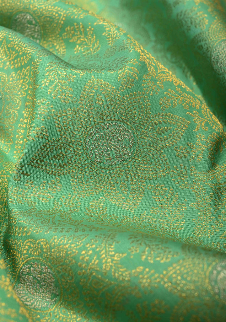 Korvai Meenakari Brocade Pista Green Kanjivaram Pure Silk Saree with Gold Silver Zari Brocade and Contrast Zari Border | SILK MARK CERTIFIED
