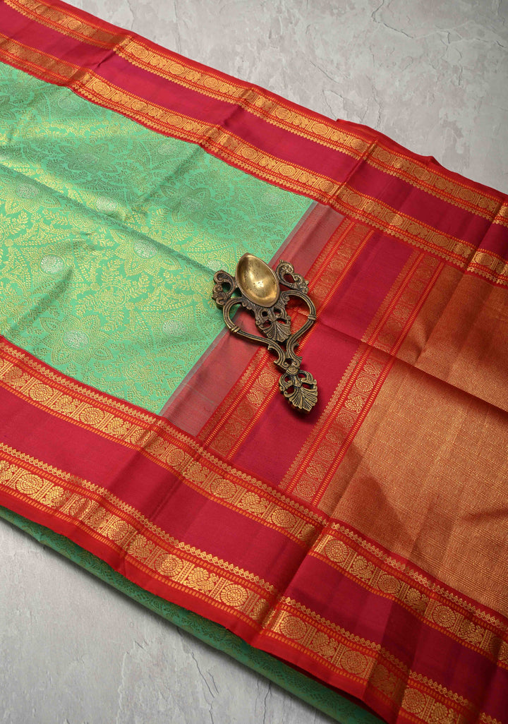 Korvai Meenakari Brocade Pista Green Kanjivaram Pure Silk Saree with Gold Silver Zari Brocade and Contrast Zari Border | SILK MARK CERTIFIED