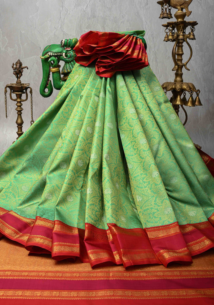 Korvai Meenakari Brocade Pista Green Kanjivaram Pure Silk Saree with Gold Silver Zari Brocade and Contrast Zari Border | SILK MARK CERTIFIED