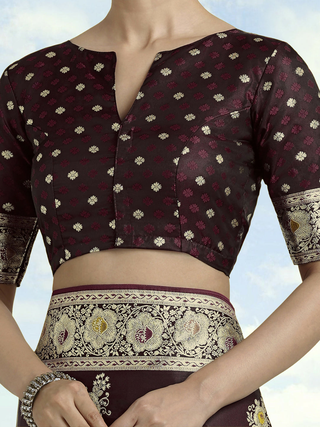 Dark Maroon Zari Woven Banarasi Satin Silk Saree | SHOBITAM