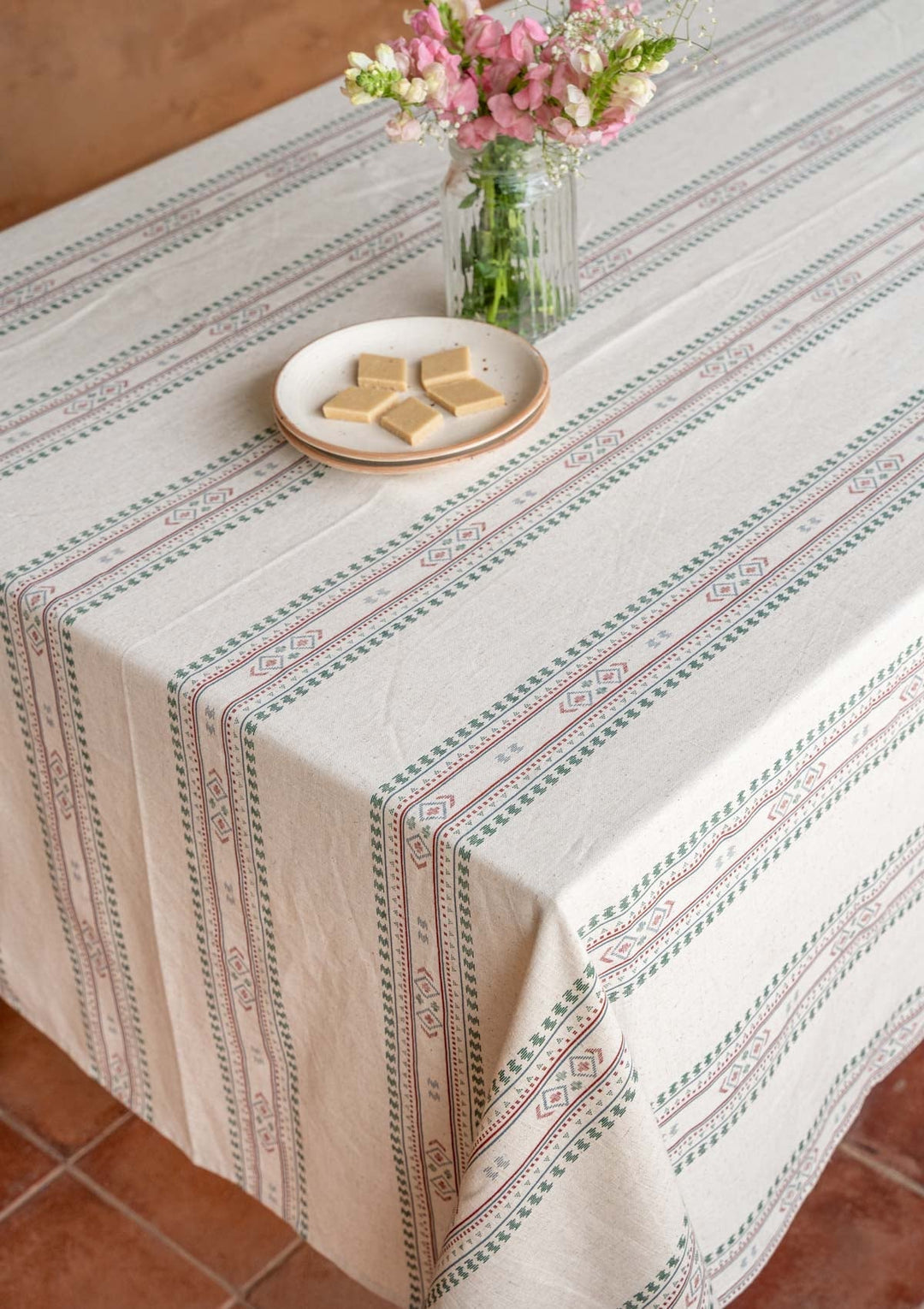 Kalai Linen Cotton Printed Green and Red Table Cloth | SHOBITAM