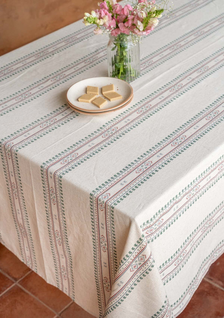 Kalai Linen Cotton Printed Green and Red Table Cloth | SHOBITAM