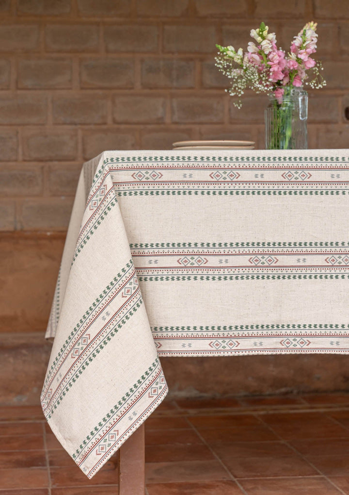 Kalai Linen Cotton Printed Green and Red Table Cloth | SHOBITAM