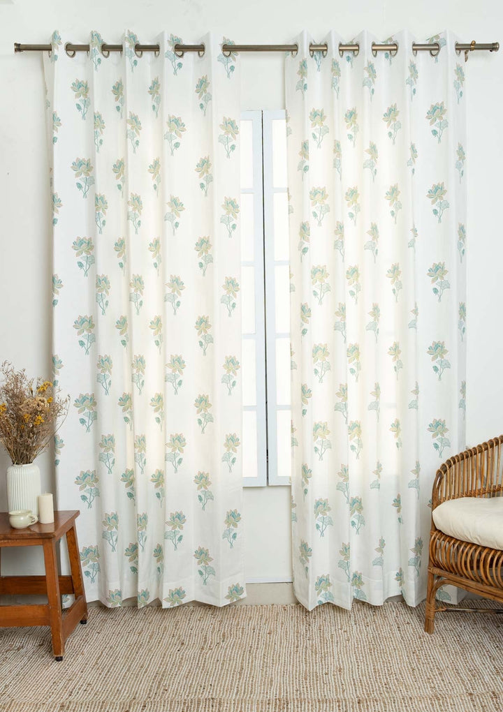 Kamala Floral Printed 100% Cotton Curtain for Living Room and Bedroom - Nile blue and Leaf Green - Single Piece | SHOBITAM