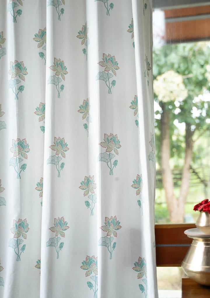 Padma Floral Printed 100% Cotton Curtain - Customizable for size, lining and headers