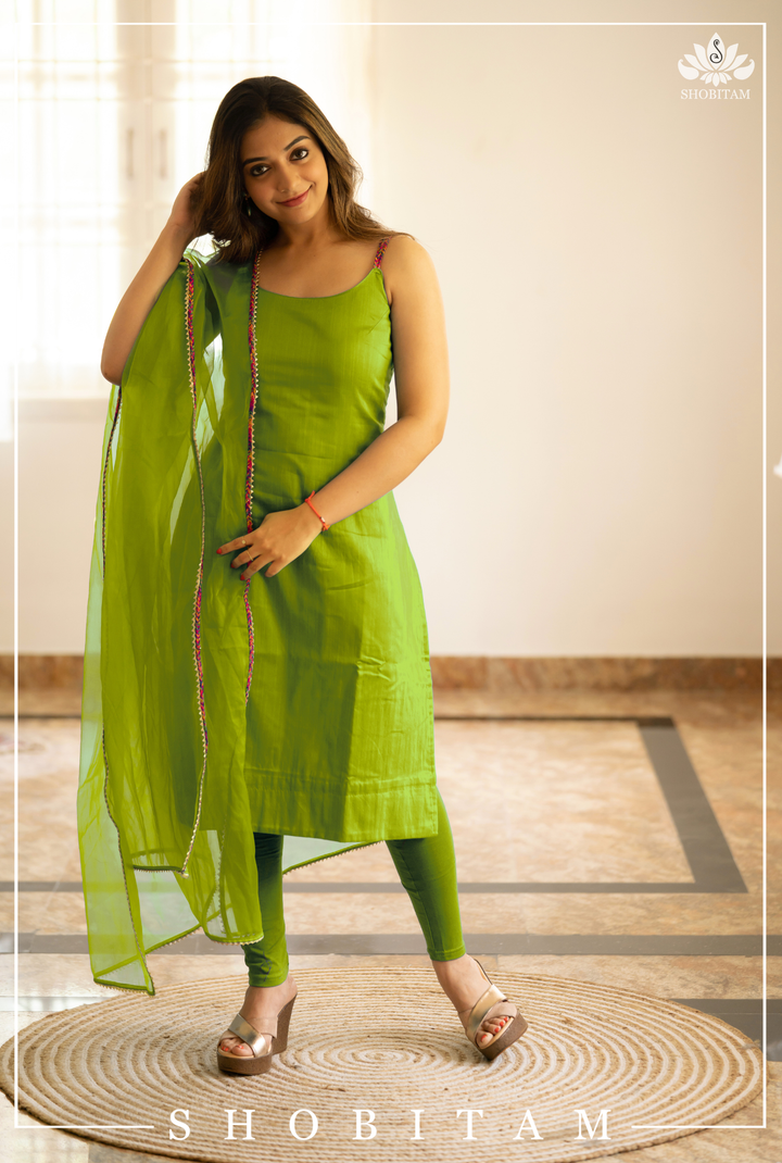 Lime Kurti with Spaghetti Strap ( Sleeve Length Customizable) with Organza Dupatta Bottom Not Included | Shobitam Custom Gowns and Readymades | Made To Order