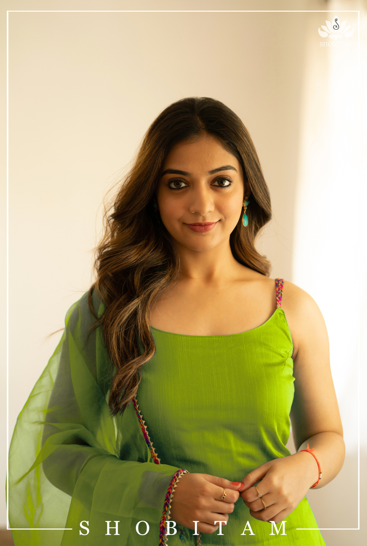 Lime Kurti with Spaghetti Strap ( Sleeve Length Customizable) with Organza Dupatta Bottom Not Included | Shobitam Custom Gowns and Readymades | Made To Order