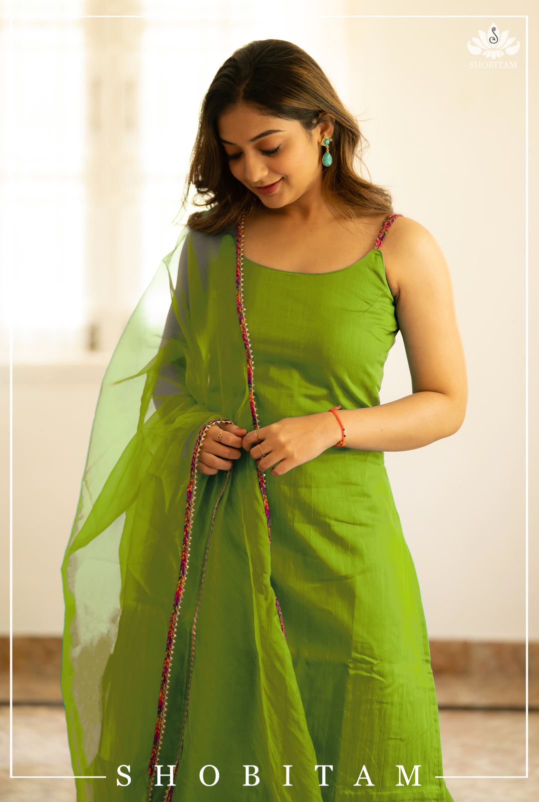 Lime Kurti with Spaghetti Strap ( Sleeve Length Customizable) with Organza Dupatta Bottom Not Included | Shobitam Custom Gowns and Readymades | Made To Order
