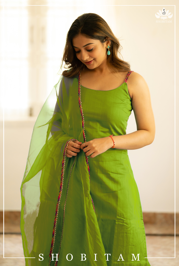 Lime Kurti with Spaghetti Strap ( Sleeve Length Customizable) with Organza Dupatta Bottom Not Included | Shobitam Custom Gowns and Readymades | Made To Order