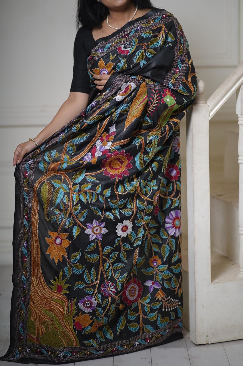 Tree of Life: Intricate Kantha Hand Embroidery on Black Pure Silk Saree | SILK MARK CERTIFIED | SHOBITAM