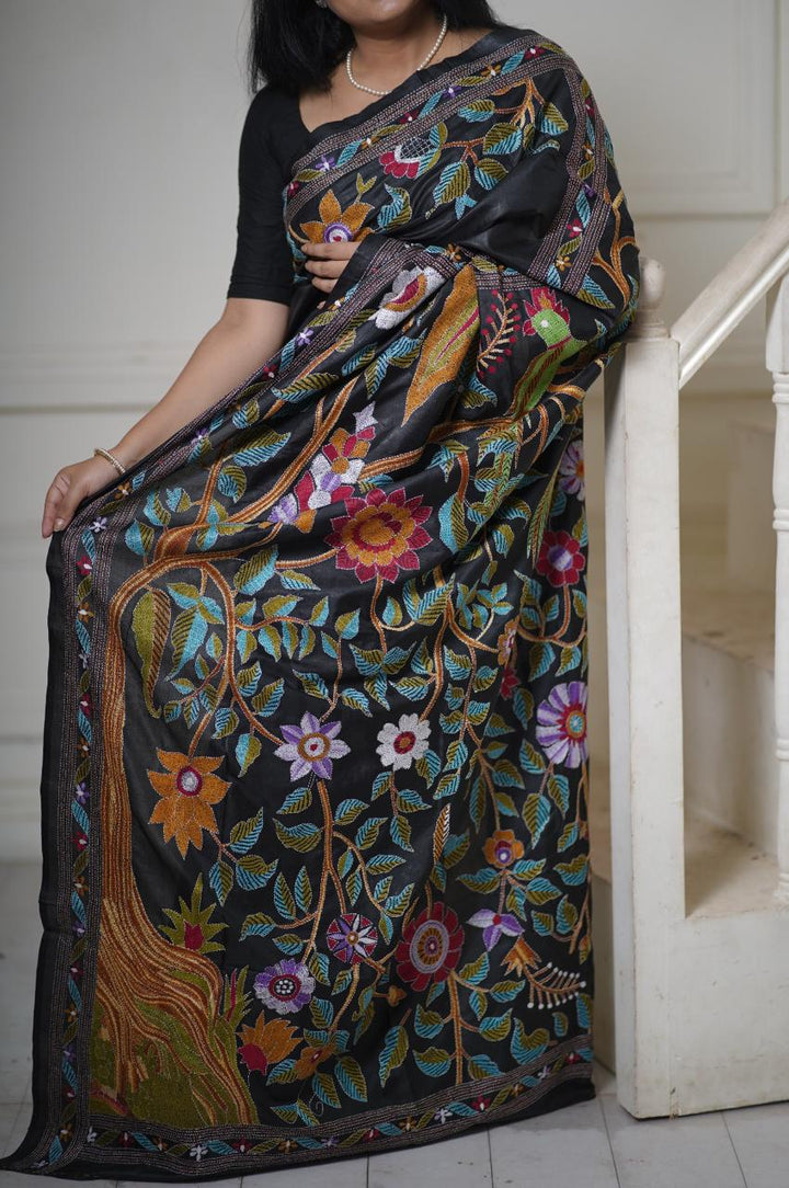 Tree of Life: Intricate Kantha Hand Embroidery on Black Pure Silk Saree | SILK MARK CERTIFIED | SHOBITAM