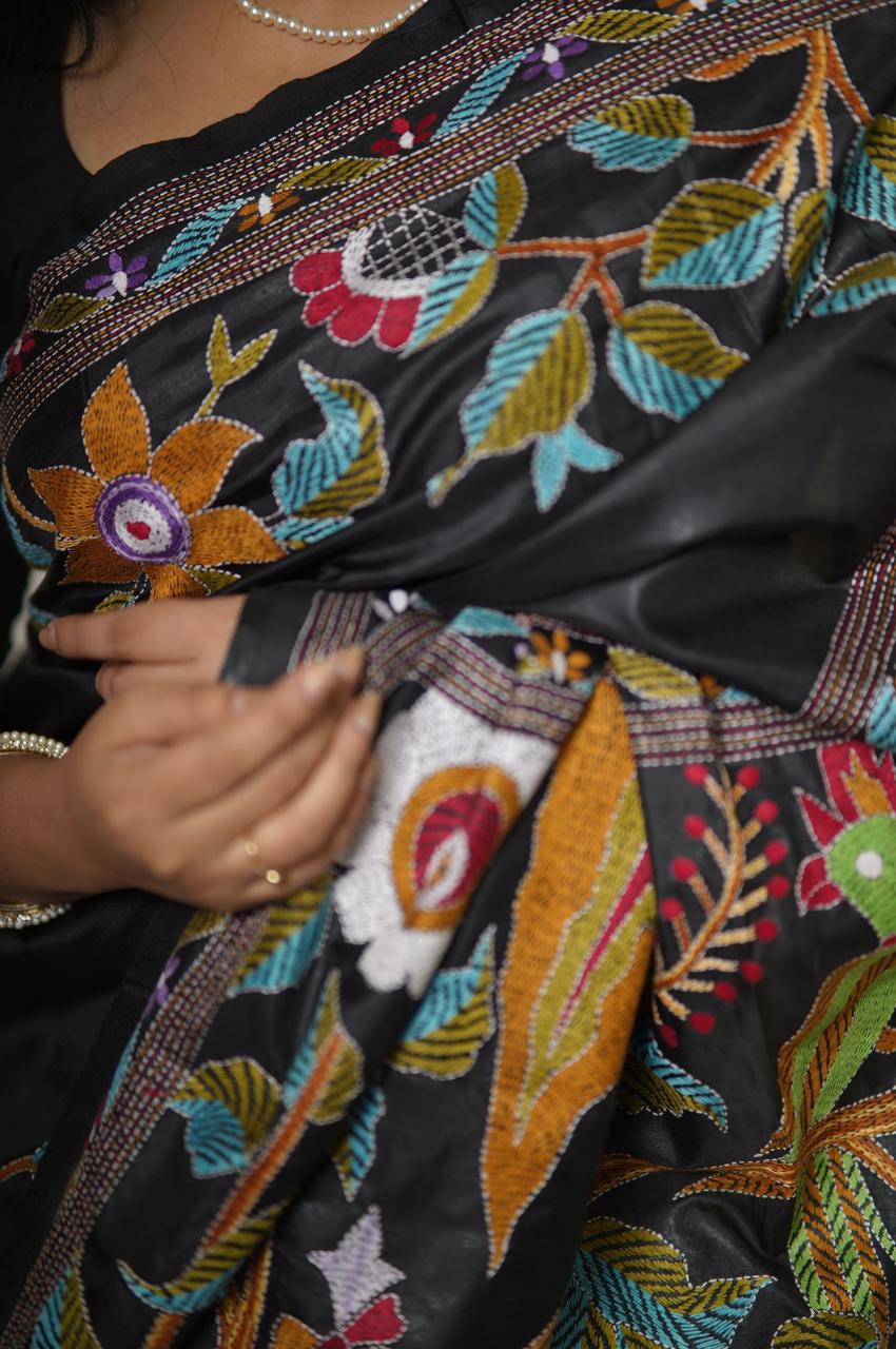 Tree of Life: Intricate Kantha Hand Embroidery on Black Pure Silk Saree | SILK MARK CERTIFIED | SHOBITAM