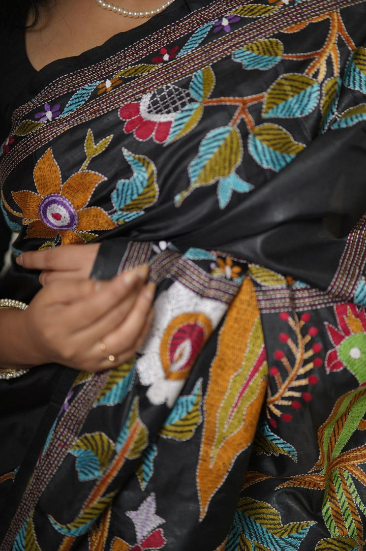 Tree of Life: Intricate Kantha Hand Embroidery on Black Pure Silk Saree | SILK MARK CERTIFIED | SHOBITAM
