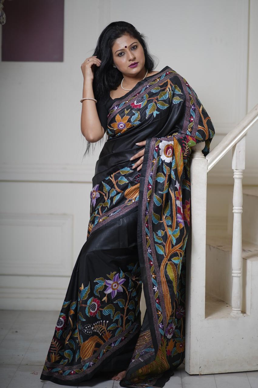 Tree of Life: Intricate Kantha Hand Embroidery on Black Pure Silk Saree | SILK MARK CERTIFIED | SHOBITAM