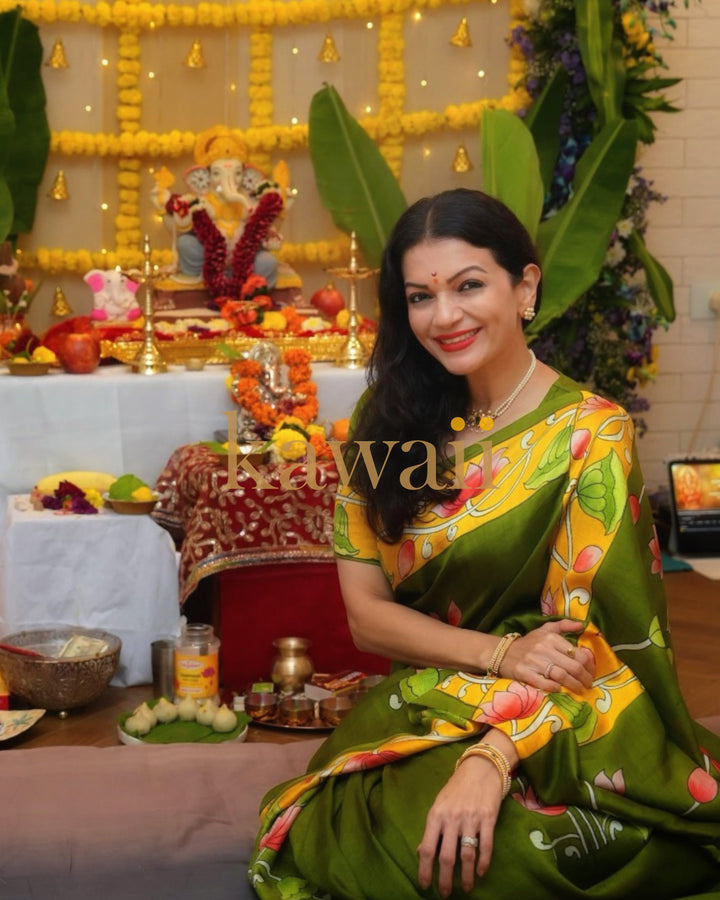 Noor Pichwai Mehendi Green Saree in Pure Silk  | SILK MARK CERTIFIED | SHOBITAM