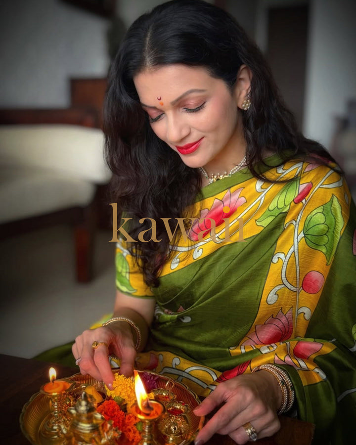 Noor Pichwai Mehendi Green Saree in Pure Silk  | SILK MARK CERTIFIED | SHOBITAM