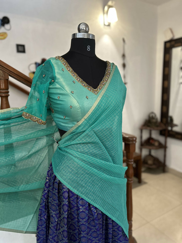 Navy blue jacquard semi Kanchi Lehenga | SHOBITAM