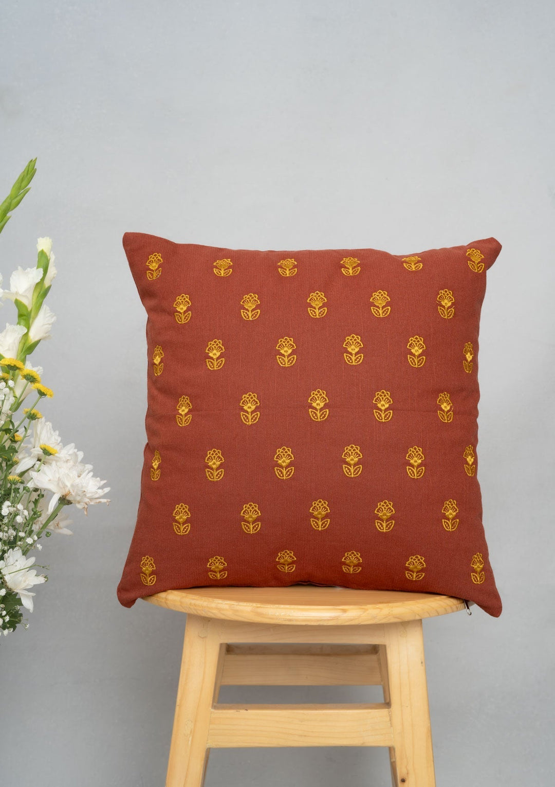 Kesar Brick Red Embroidered Decorative Cushion Cover for Sofa – 100% Cotton 16" x 16" | SHOBITAM