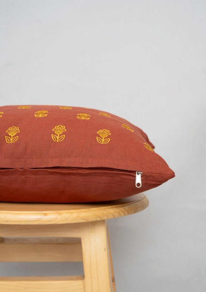 Kesar Brick Red Embroidered Decorative Cushion Cover for Sofa – 100% Cotton 16" x 16" | SHOBITAM