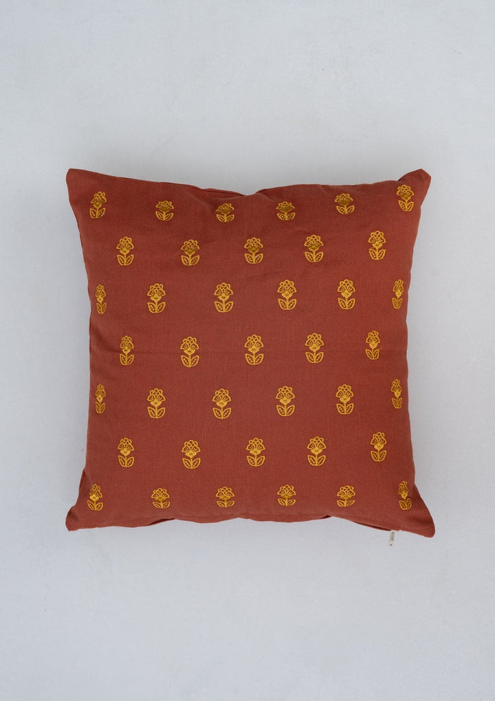 Kesar Brick Red Embroidered Decorative Cushion Cover for Sofa – 100% Cotton 16" x 16" | SHOBITAM
