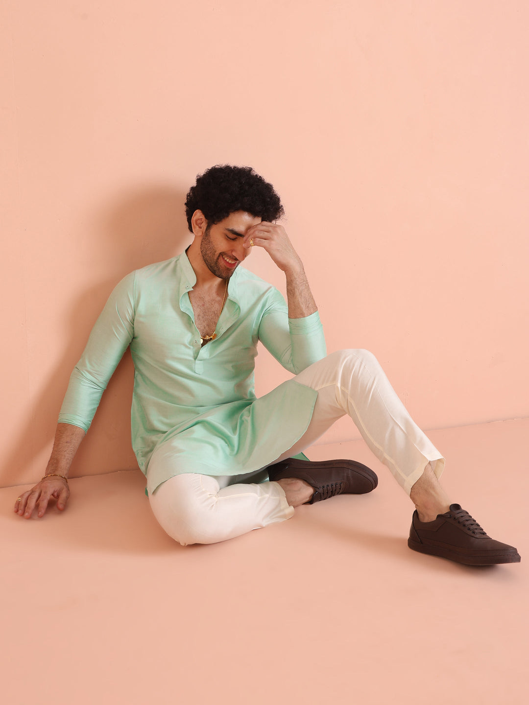 Men Green Solid Kurta Trouser Set | SHOBITAM