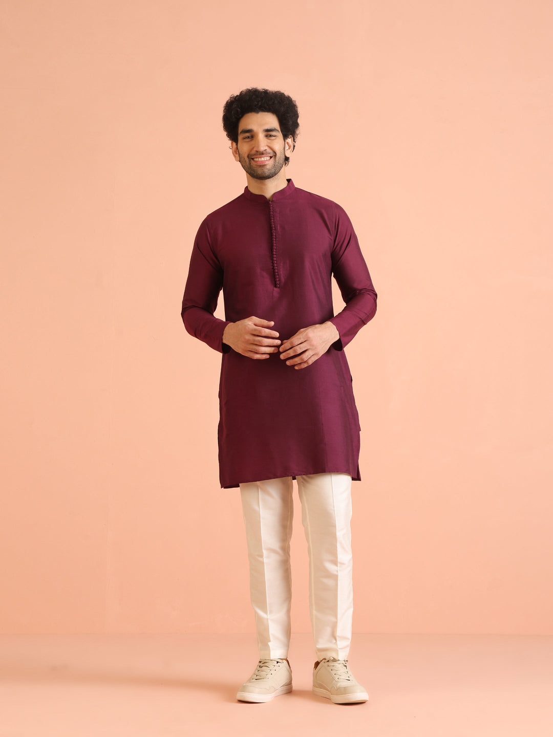 Maroon Solid Kurta Set with Cream Trouser Elegant Festive Ethnic Wear | SHOBITAM