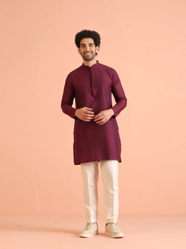 Maroon Solid Kurta Set with Cream Trouser Elegant Festive Ethnic Wear | SHOBITAM