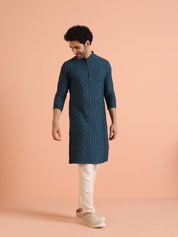 Teal Blue Jacquard Sequinned Kurta | SHOBITAM