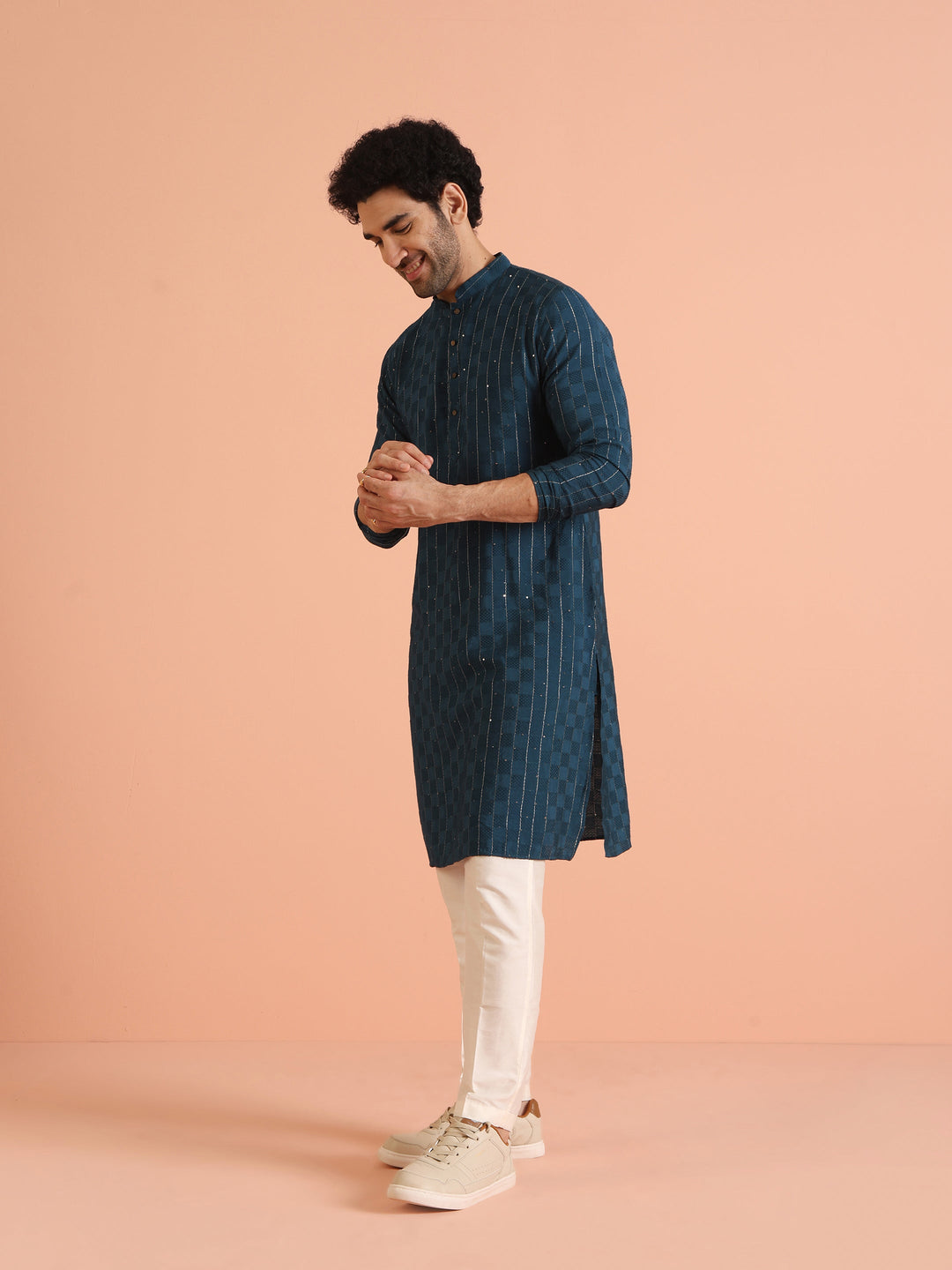 Teal Blue Jacquard Sequinned Kurta | SHOBITAM