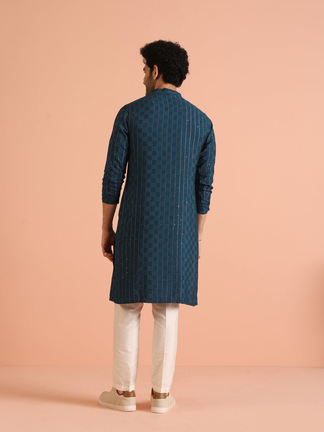 Teal Blue Jacquard Sequinned Kurta | SHOBITAM