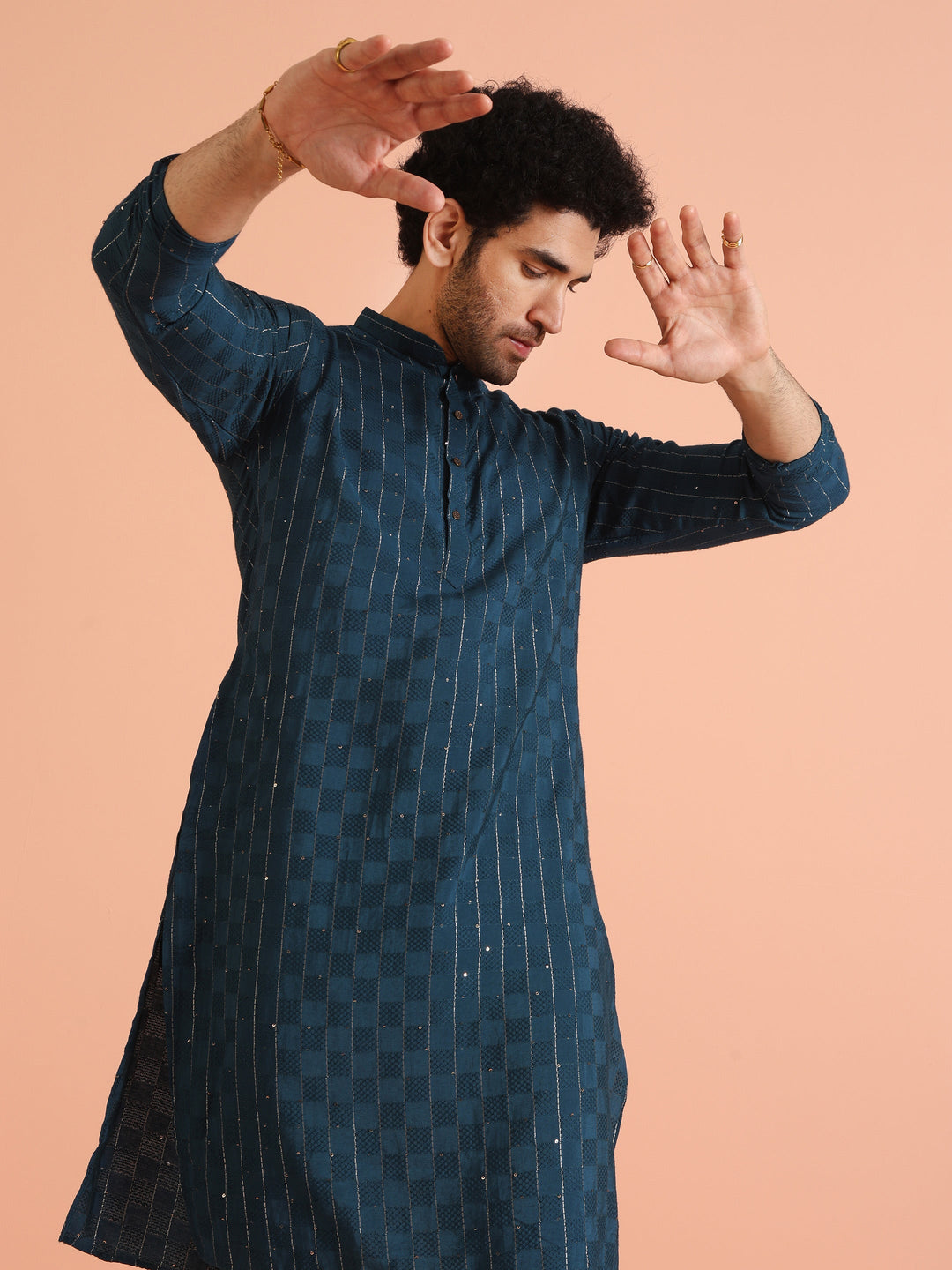 Teal Blue Jacquard Sequinned Kurta | SHOBITAM