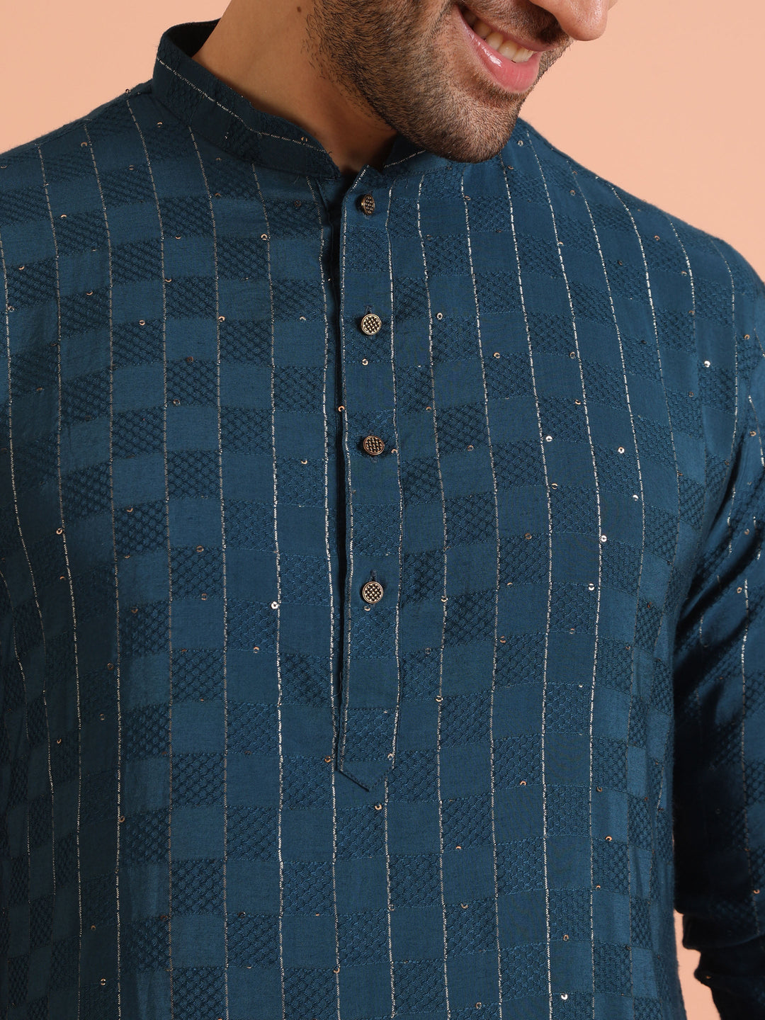 Teal Blue Jacquard Sequinned Kurta | SHOBITAM
