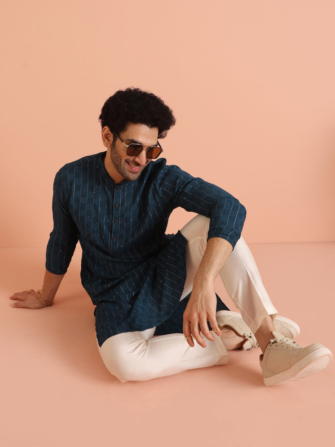Teal Blue Jacquard Sequinned Kurta | SHOBITAM