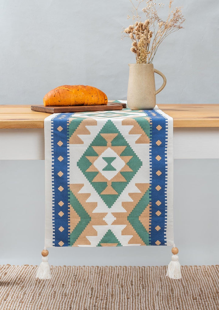 Koh 100% cotton geometric table runner for 4 seater or 6 seater dining - Indigo | SHOBITAM