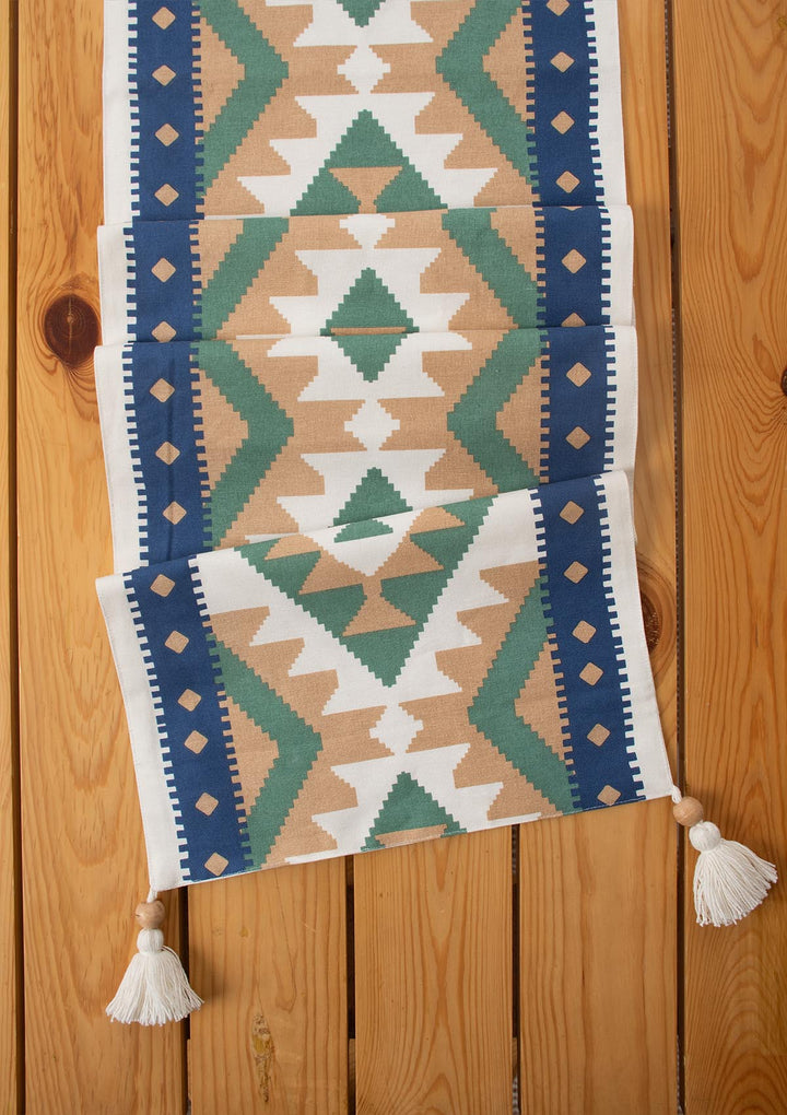 Koh 100% cotton geometric table runner for 4 seater or 6 seater dining - Indigo | SHOBITAM