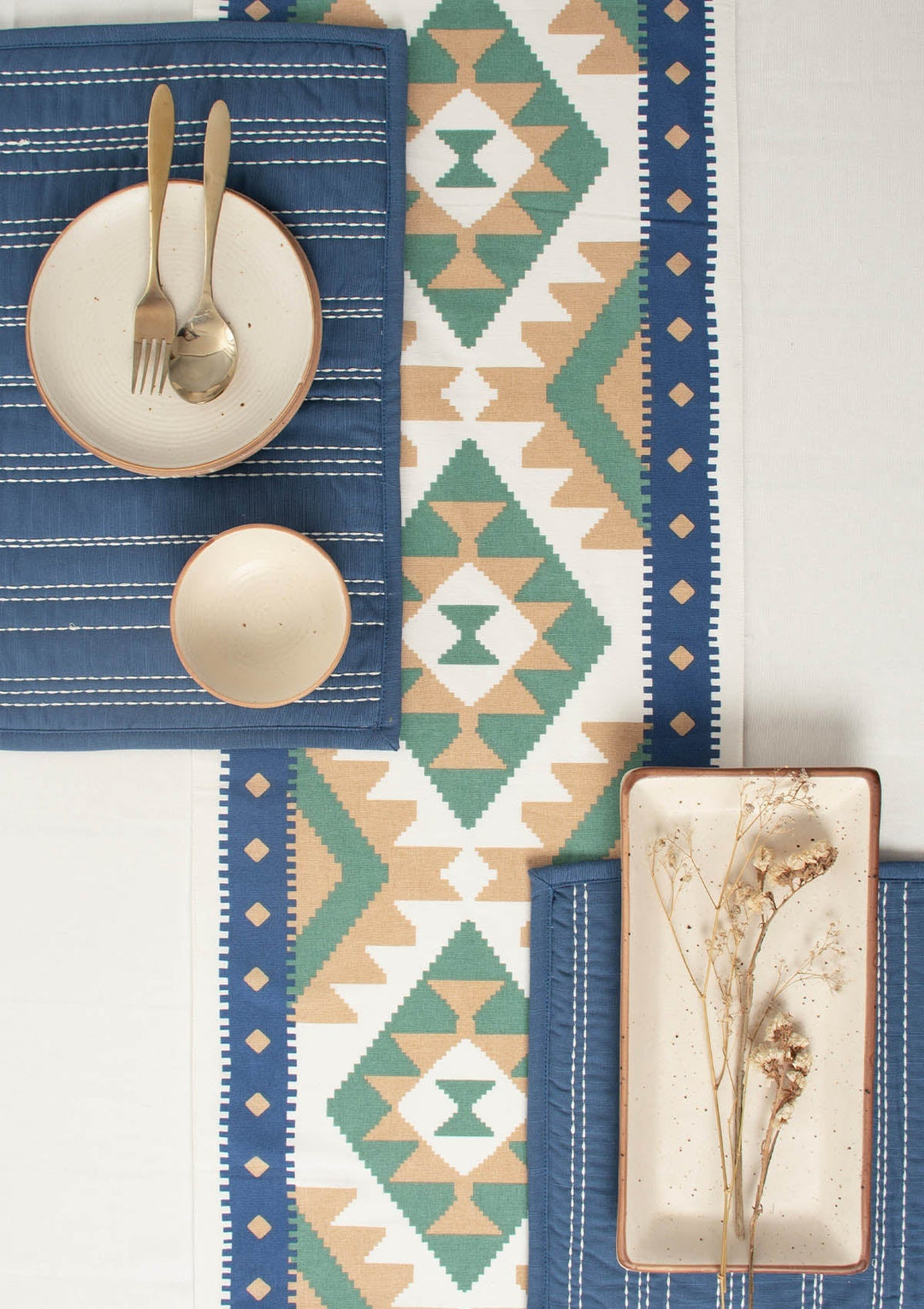 Koh 100% cotton geometric table runner for 4 seater or 6 seater dining - Indigo | SHOBITAM