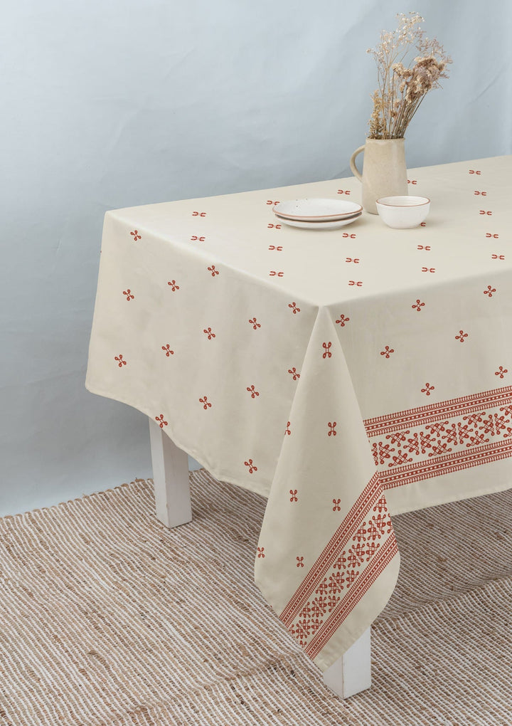Kolam minimal Printed 100% Cotton Table cloth for 4 seater, 6 seater and 8 seater dining - Brick red | SHOBITAM