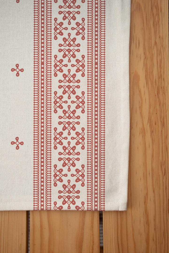 Kolam minimal Printed 100% Cotton Table cloth for 4 seater, 6 seater and 8 seater dining - Brick red | SHOBITAM