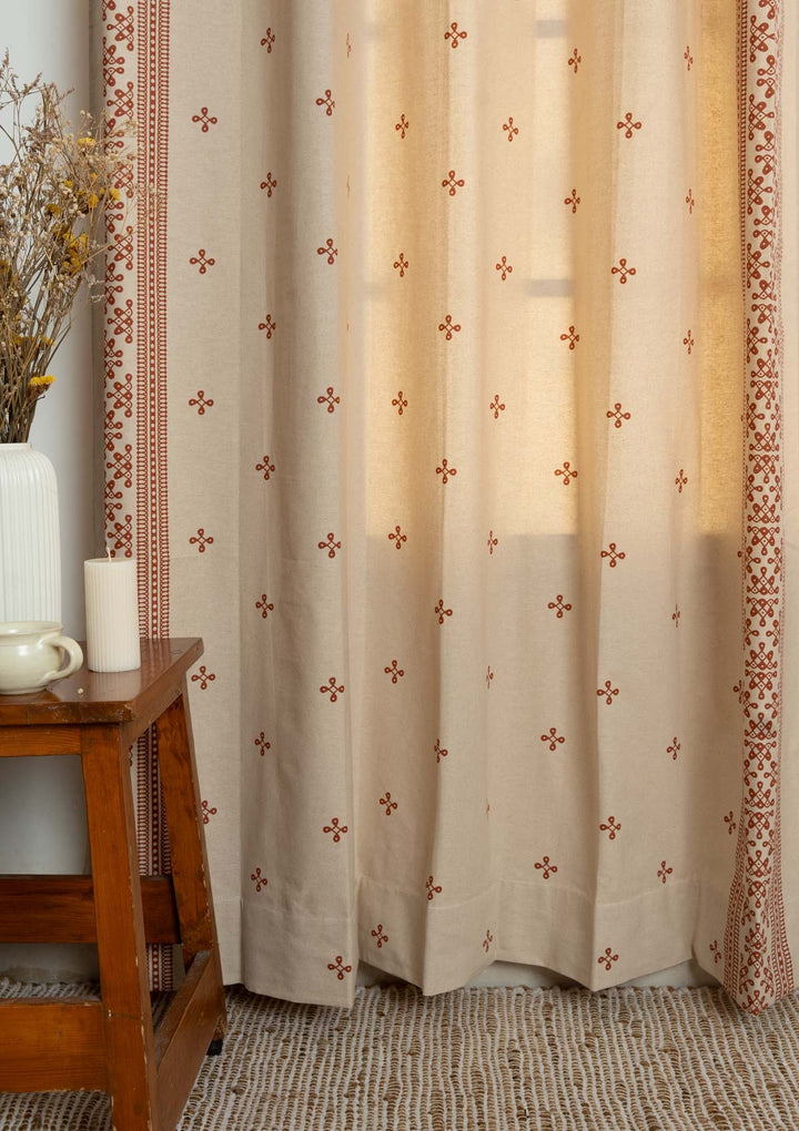 Kolam minimal Printed 100% Cotton Curtain for Living Room and Bedroom - Brick red - Single Piece | SHOBITAM