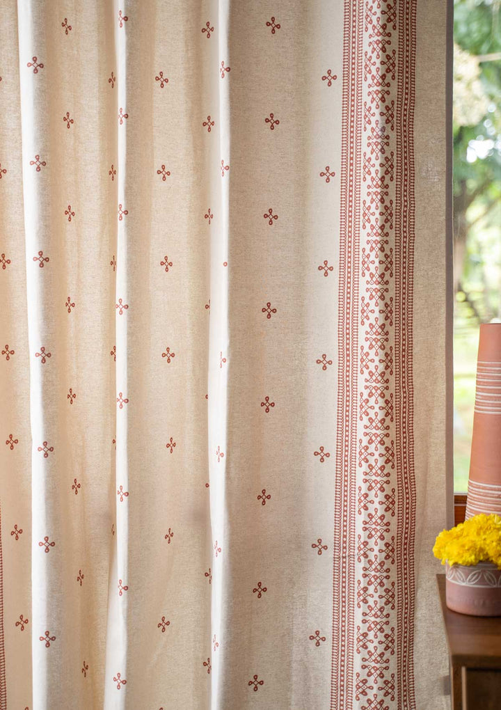 Kolam minimal Printed 100% Cotton Curtain for Living Room and Bedroom - Brick red - Single Piece | SHOBITAM