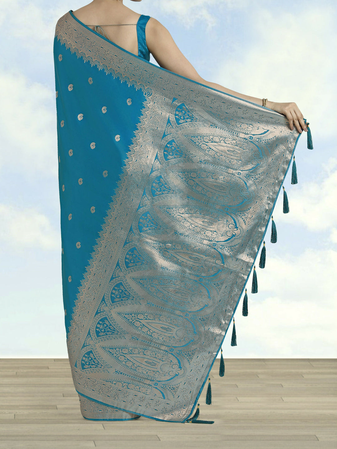 Cyan blue Banarasi Satin Silk Saree With Blouse Piece |SHOBITAM