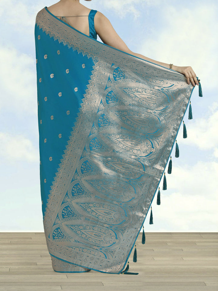 Cyan blue Banarasi Satin Silk Saree With Blouse Piece |SHOBITAM