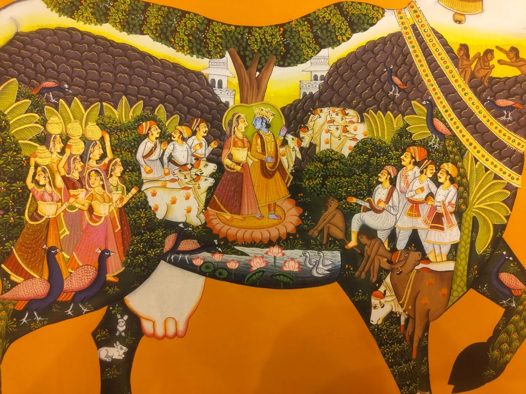 2x3 feet Authentic Jaipur Painting The Divine Kamadhenu: Krishna Leela Within  | SHOBITAM