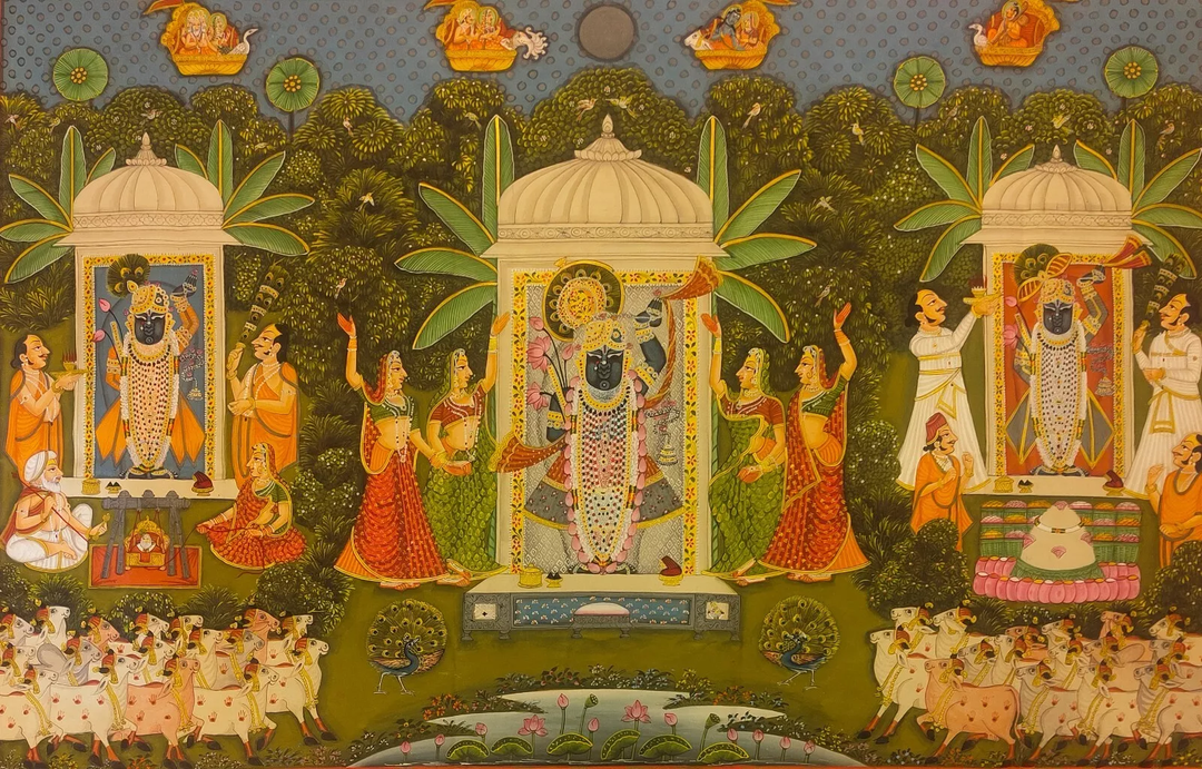 3.5 x 5 feet Authentic Jaipur Painting Teen Roopi Shreenath ji | SHOBITAM