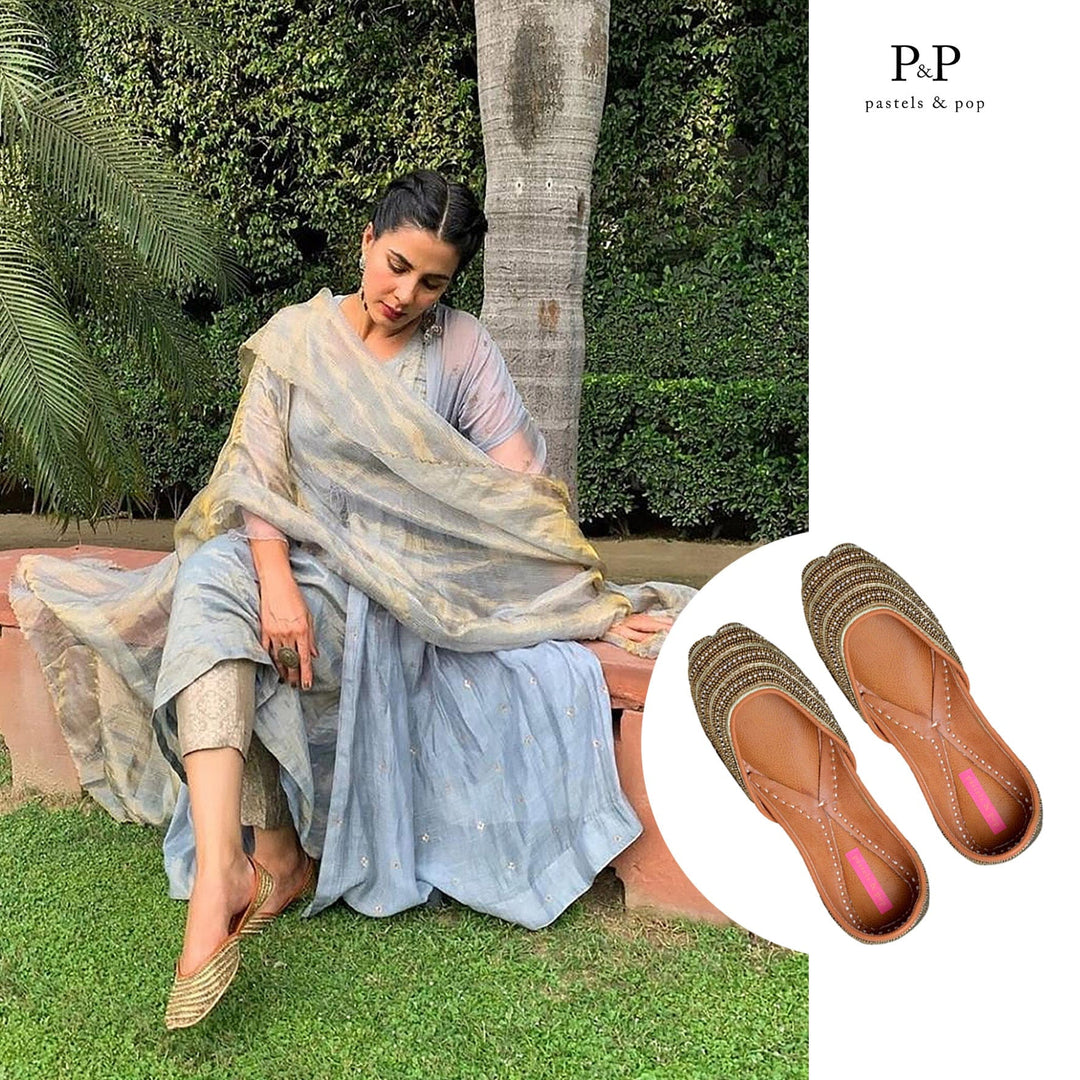 GOLD DUST Striped Rhinestone & Beadwork Ethnic Mojaris for Women | SHOBITAM