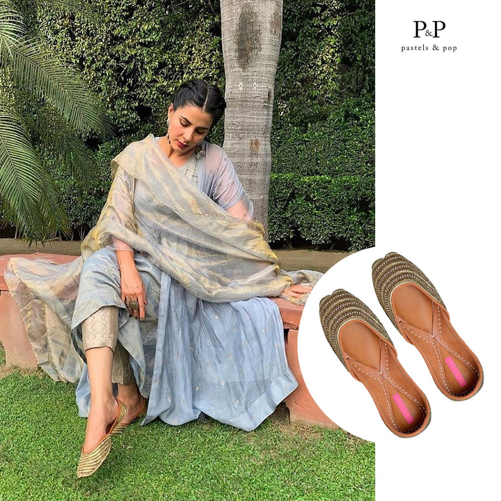 GOLD DUST Striped Rhinestone & Beadwork Ethnic Mojaris for Women | SHOBITAM