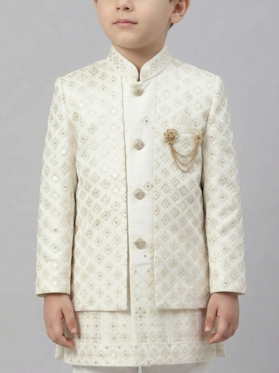 Boys Embroidered White Indo Western Sherwani Set with Jacket and Brooch | SHOBITAM